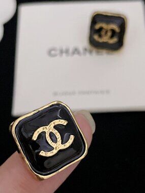Cha nel Gold Tone Black Enamel Double C Square Earrings